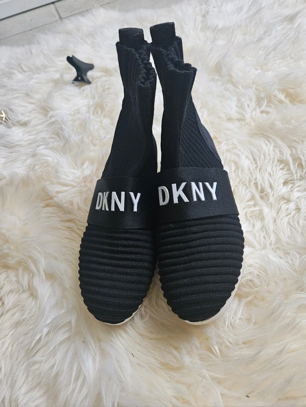 DKNY Black Slip-On Sock Sneakers with White Logo